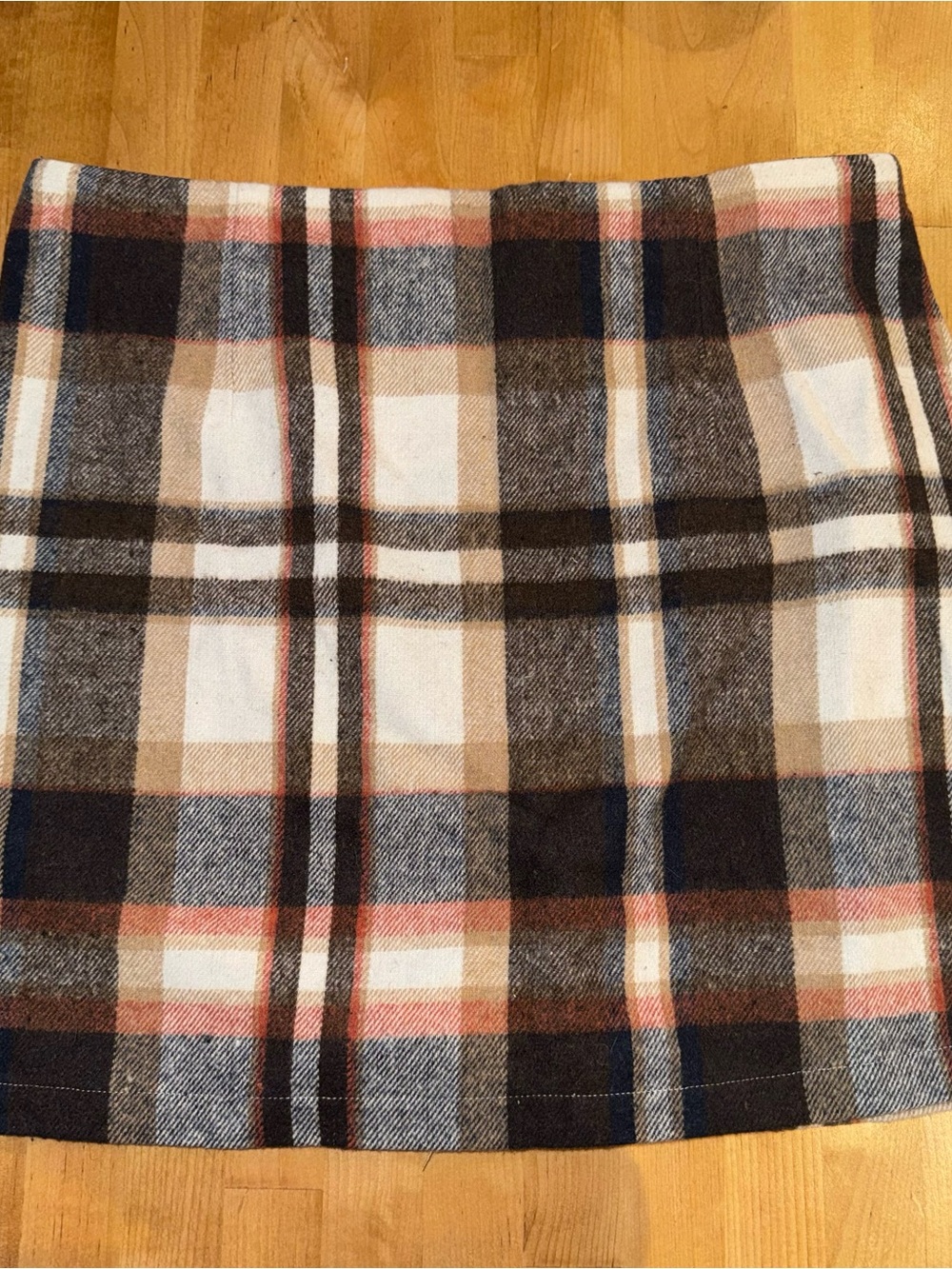 Plaid Wool-Blend Mini Skirt in Brown and Cream